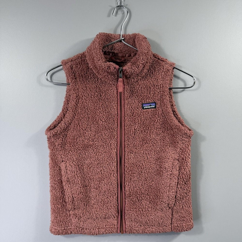 Patagonia Fleece Vest Girls Medium Pink Sherpa Full Zip Pockets Cozy Outdoor
